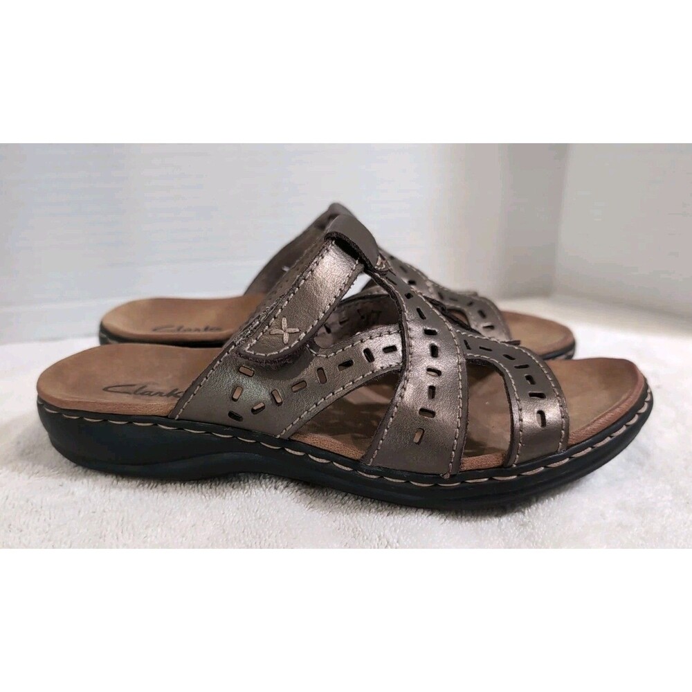 CLARKS LEATHER LOW WEDGE SLIDE SANDALS WOMEN'S 7 M SUMMER COMFORT BROWN EUC